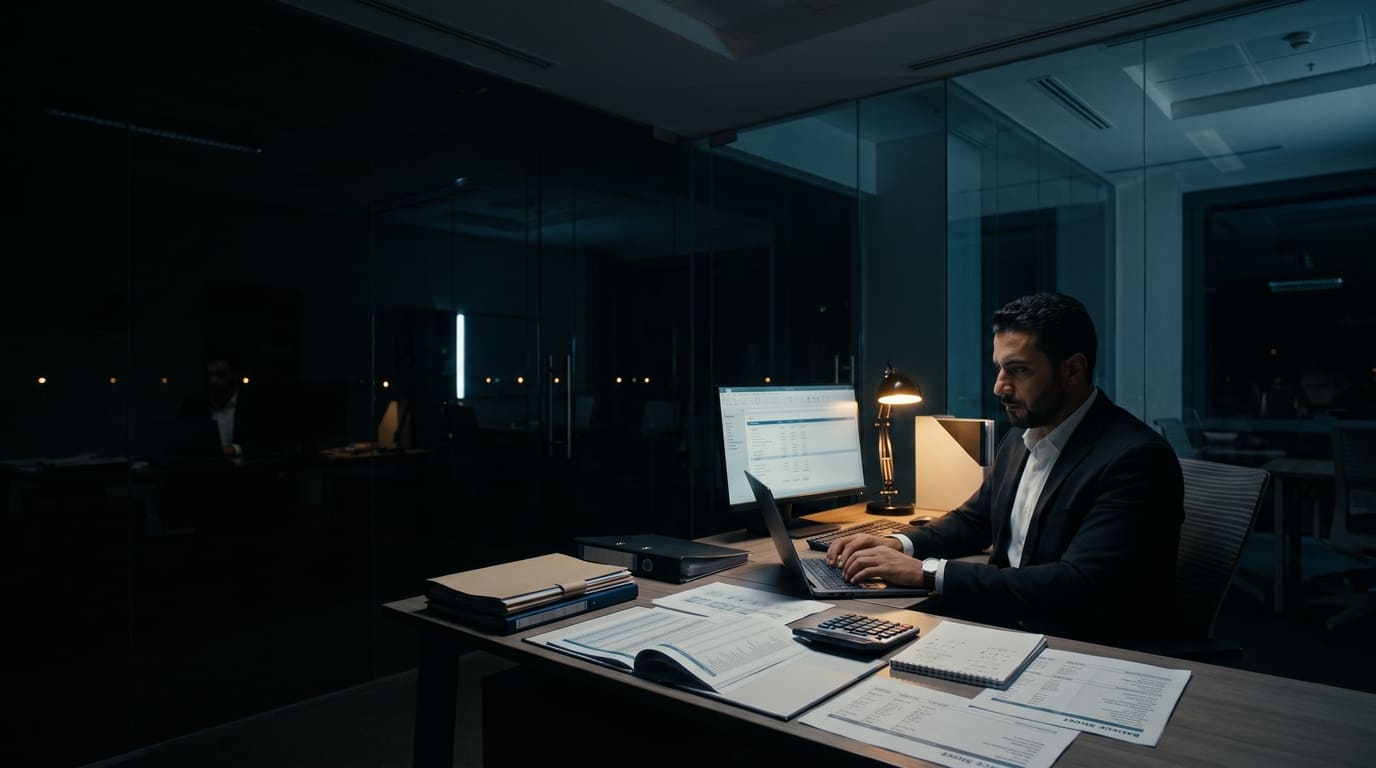 An accountant working late at a desk of ledgers, statements and a calculator
