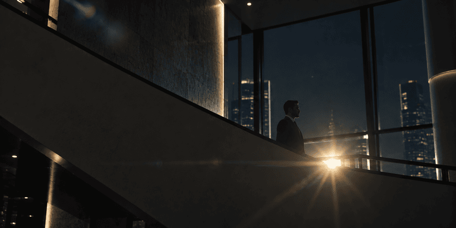 A figure in a suit on an office stairway at night, city towers beyond the glass