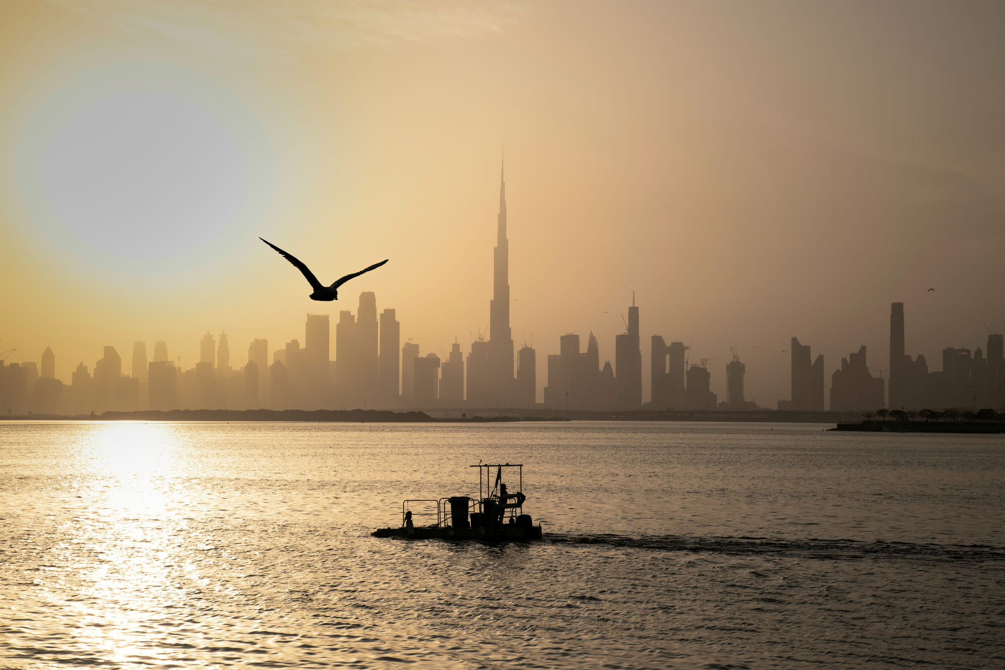 Dubai skyline at sunrise, with the Burj Khalifa and a bird in flight